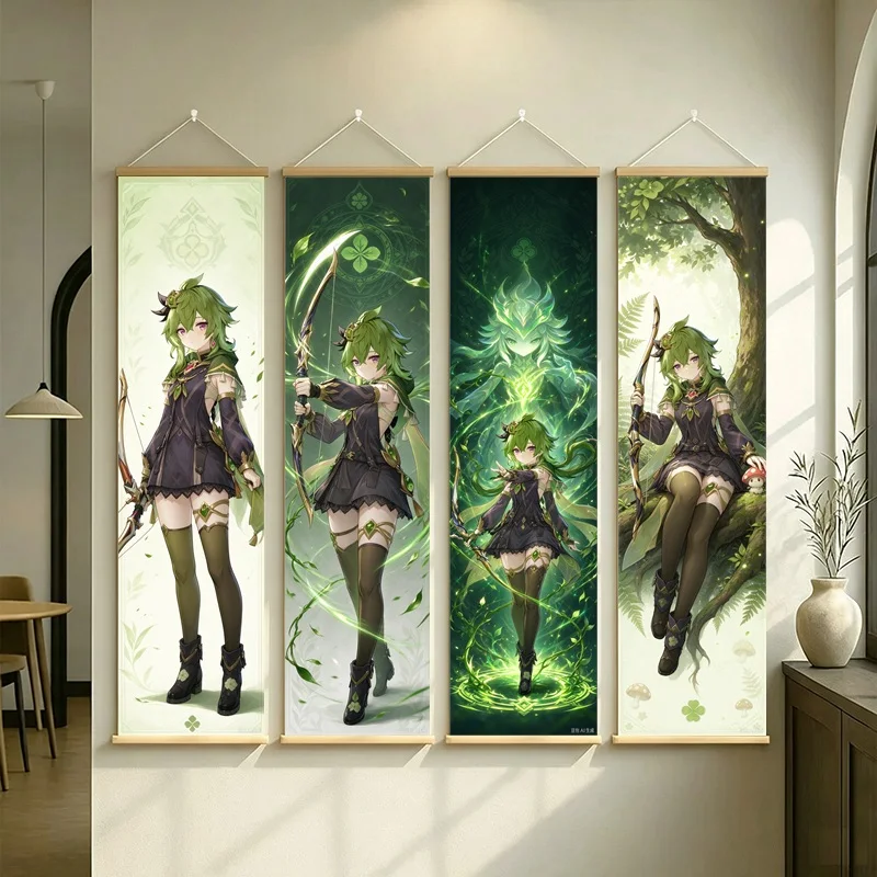 Hanging Scroll Wall Art of Genshin Impact Collei in Green Woodland Fantasy on Silver Shimmer Canvas for an Anime Bedroom