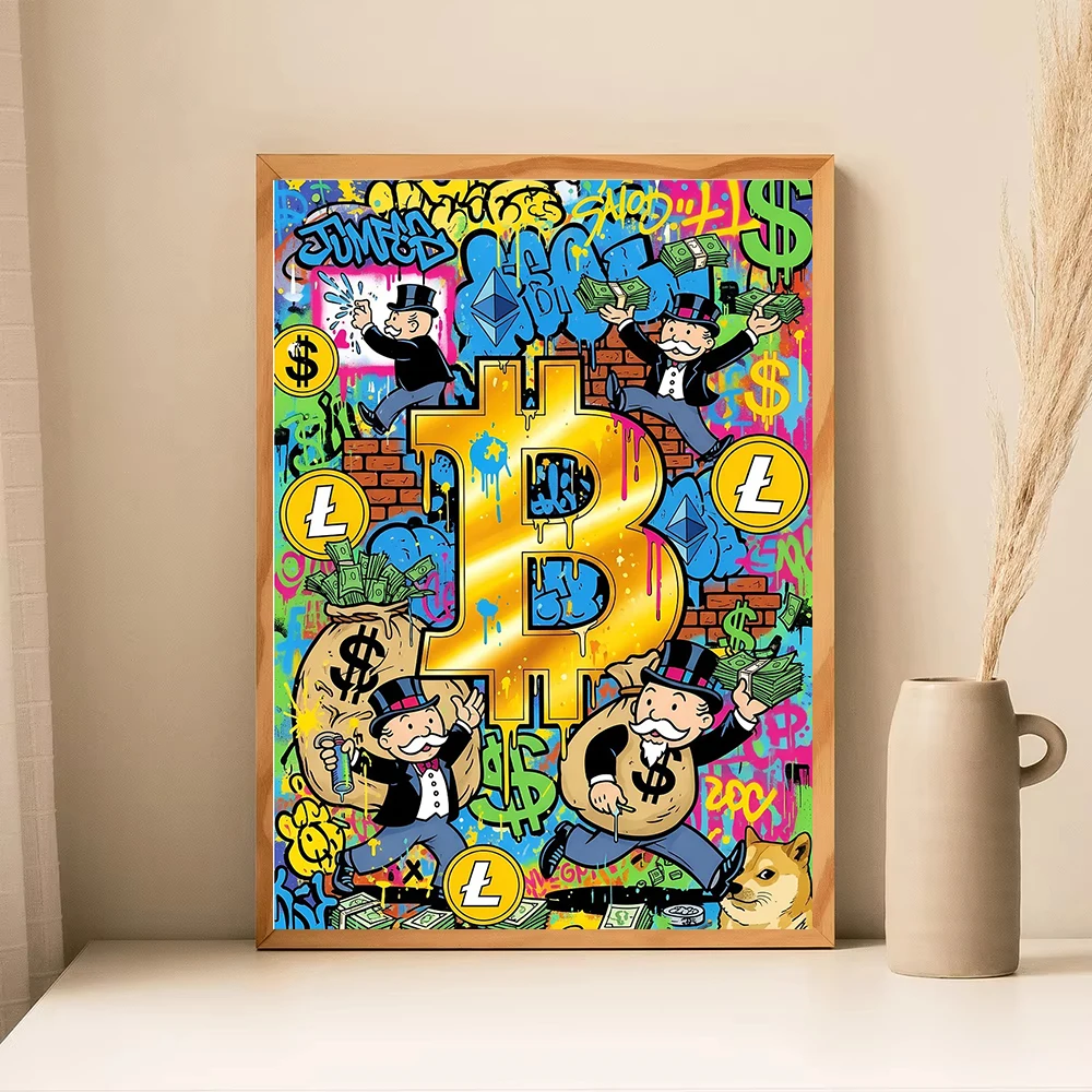 Funny Crypto Money Graffiti Art Monopoly Bitcoin Ethereum Poster Canvas Painting Print Wall Picture for Living Room Home Decor