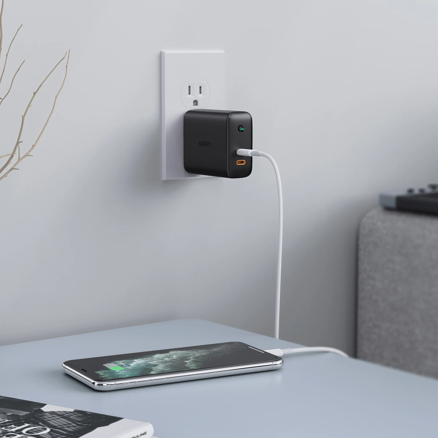 AUKEY PA-D2 65W Omnia Duo szybki ładowania Dual-Port PD USB-C ładowarek ściennych ue wtyczka dla inteligentnego Tablet z funkcją telefonu akcesoria