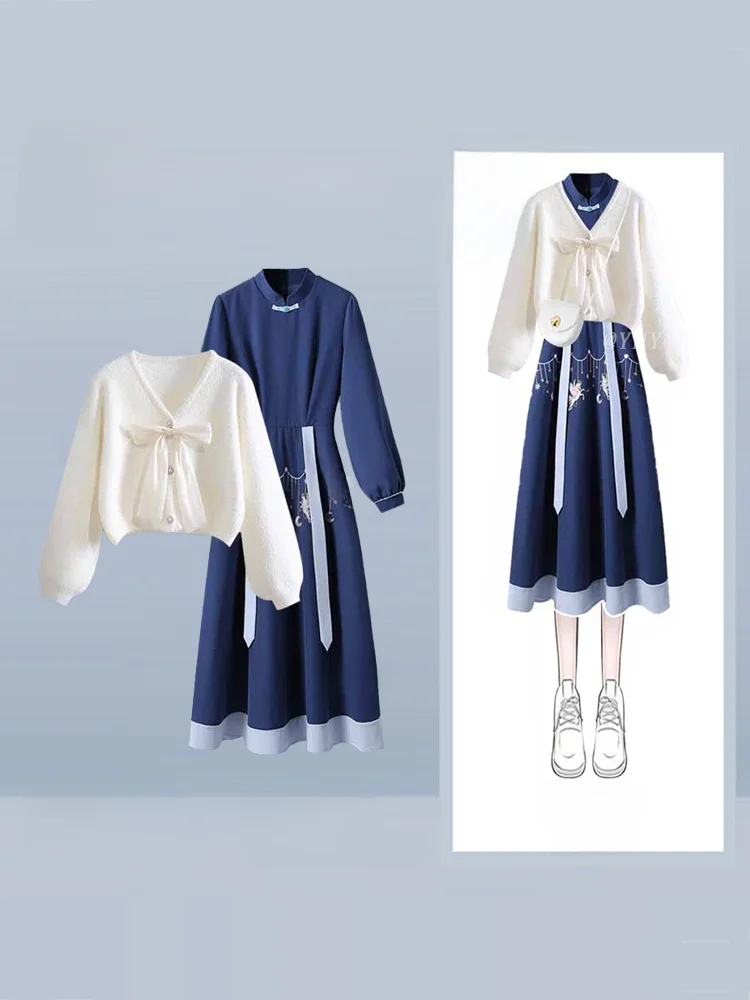 

Autumn Blue Long Knitted Sweater Dr Women's Sle Lantern Sve Faion Set with Knot V-Ne Casual Wear