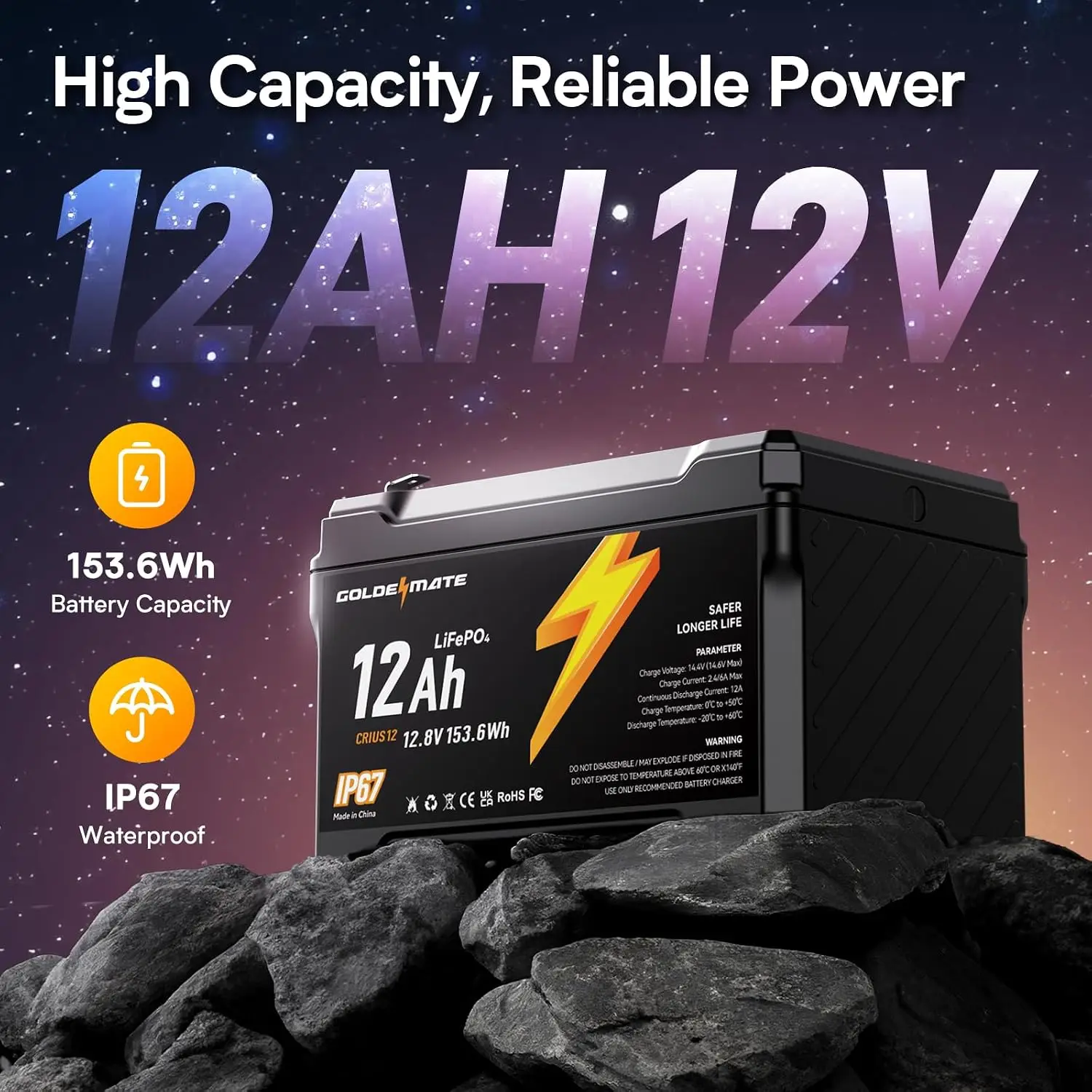 12V 12Ah Lithium LiFePO4 Battery 2 Packs IP67 Waterproof 5000 Cycles Lithium Iron Phosphate Smart BMS Solar Marine Power Wheels