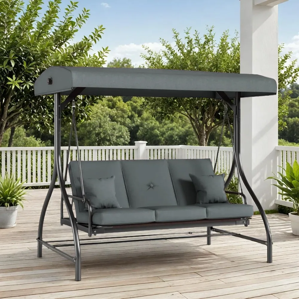 

3-Seat Outdoor Patio Porch Swing, with Adjustable Canopy & Backrest, Convertible Glider Bed with Stand, Removable Seat Cushion