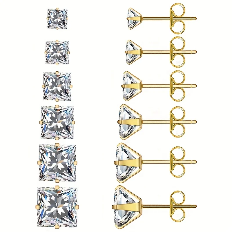6 pairs Unisex Style Hypoallergenic 316L Medical Stainless Steel Square Cubic Zirconia Stud Earrings Perfect for Holiday Gift