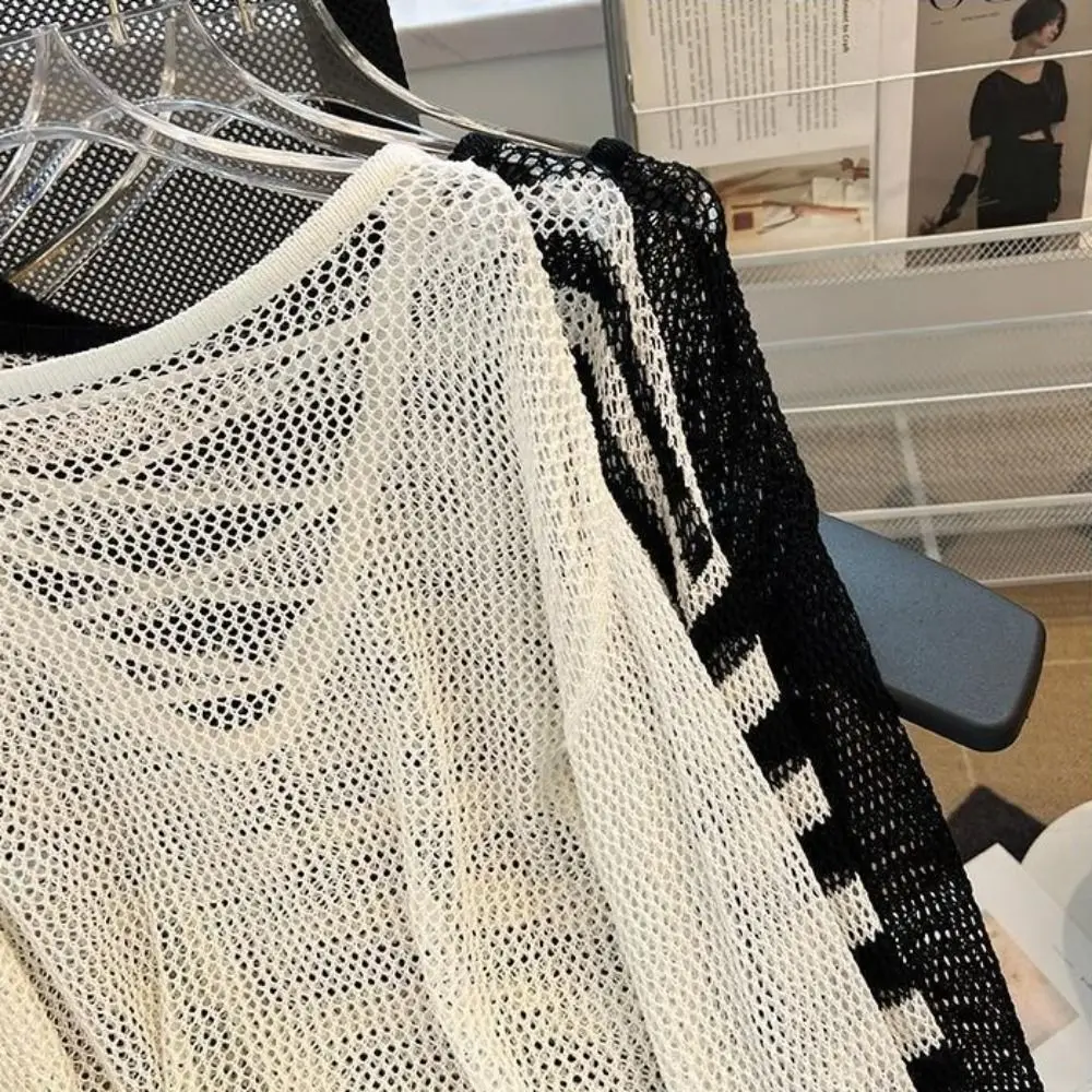 

Stylish Casual Knitted Hollow Pullover Round Neck Loose Long Sleeve T Shirt Beachwear Stripe Crochet Top Women Streetwear