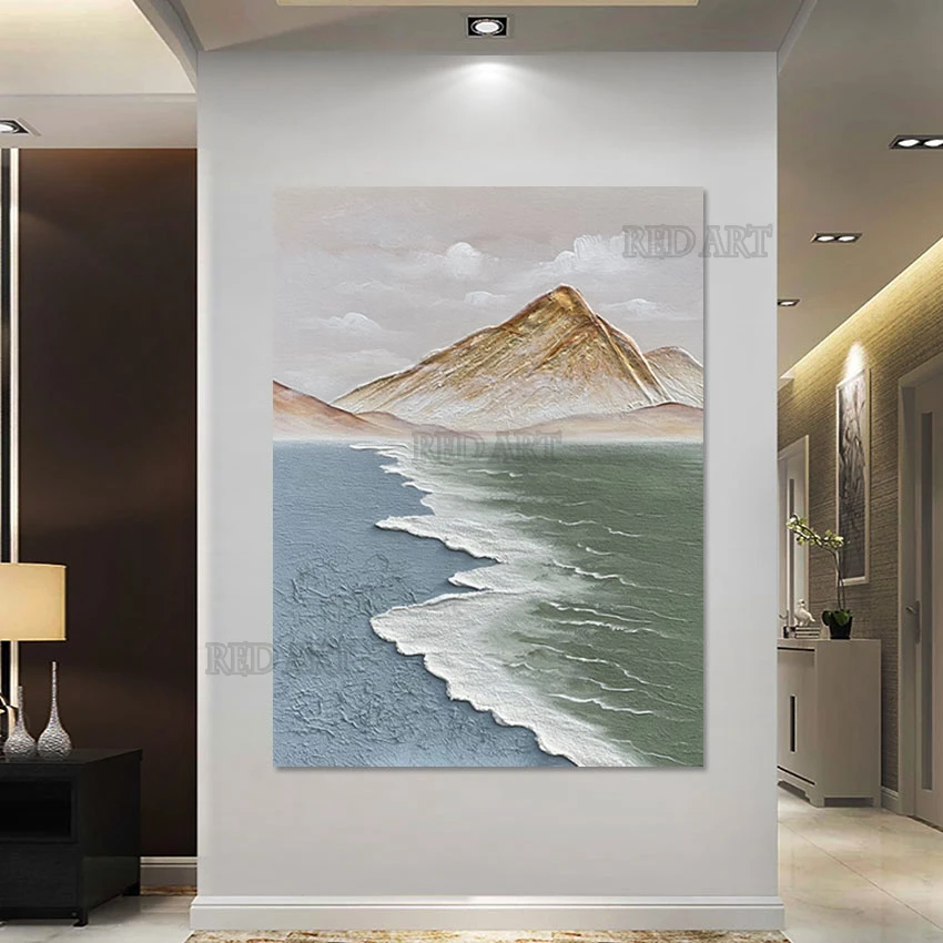 Outdoor Lake Scenery Canvas Picture Handmade Abstract Gold Mountain Oil Painting Canvas Wall Picture Art For Hotel Room Decor