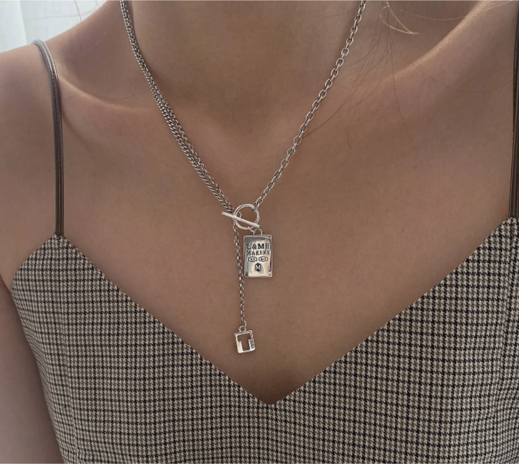 

Simple silver plated square brand letter retro ot button hollow out Necklace for women Fashion Jewelry