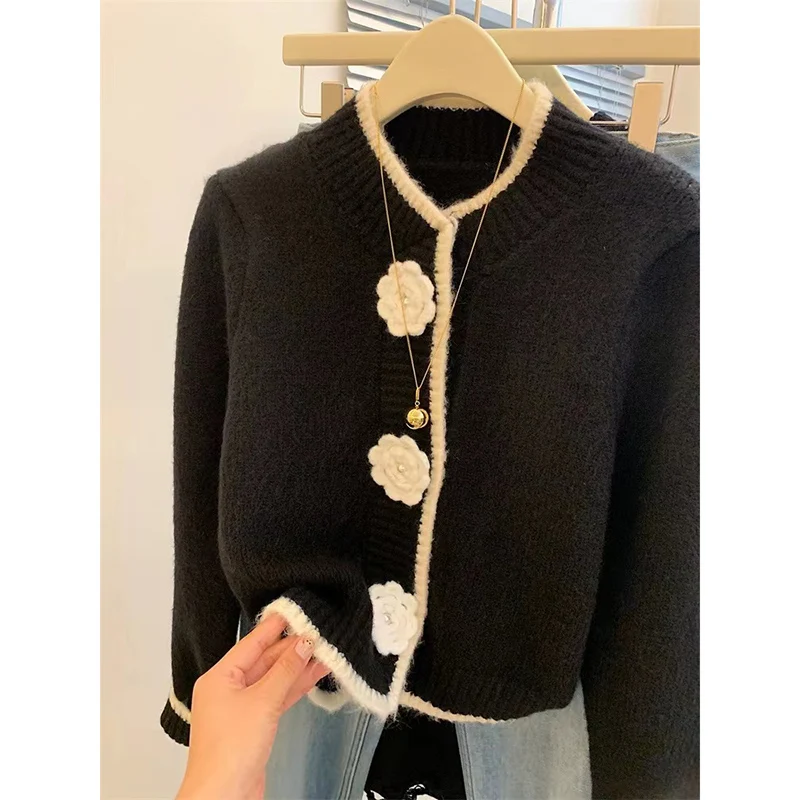 Autumn Winter Women Black Clothing Cardigan Knitting Sweater Long Sleeve Round Neck Casual Fashion Coat Female Flower Design Top