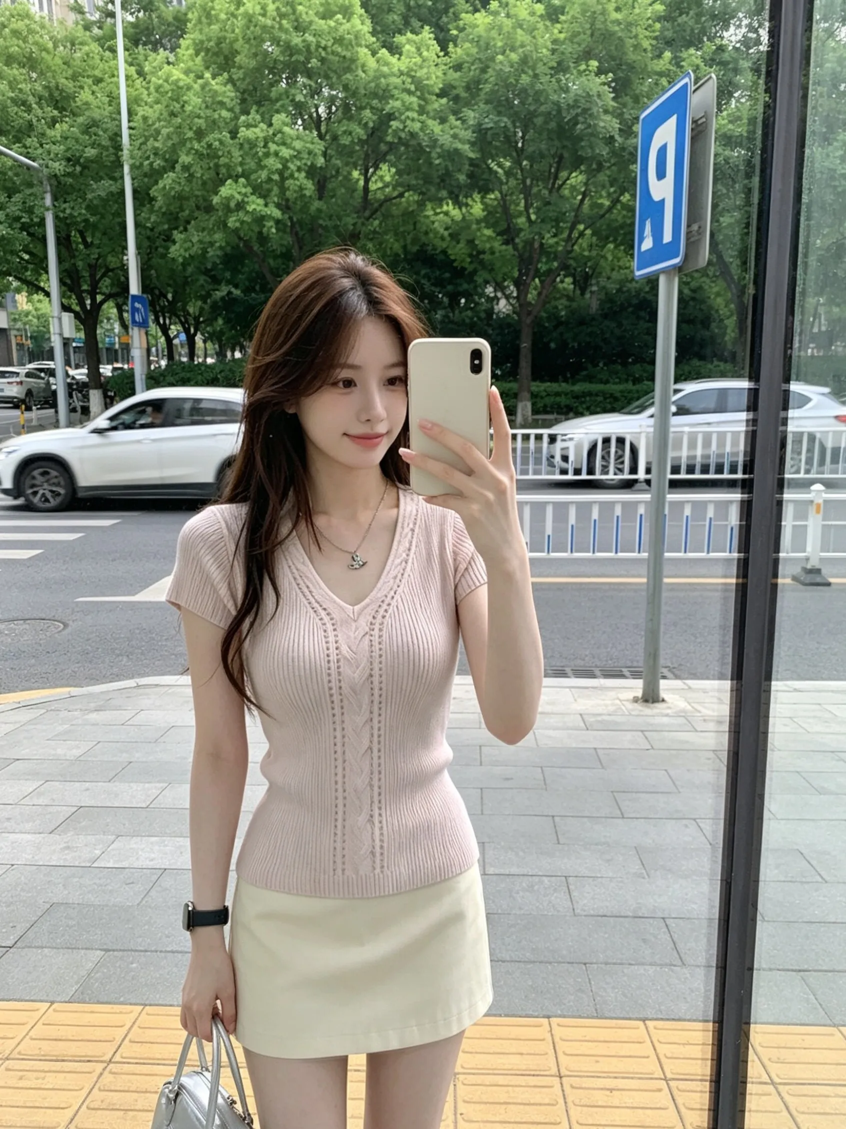 Women's Short Sleeve Knitted Slim Fit V-Neck T-Shirt Summer New Style Pink Atmosphere Sense Hollow out Design Commute Style