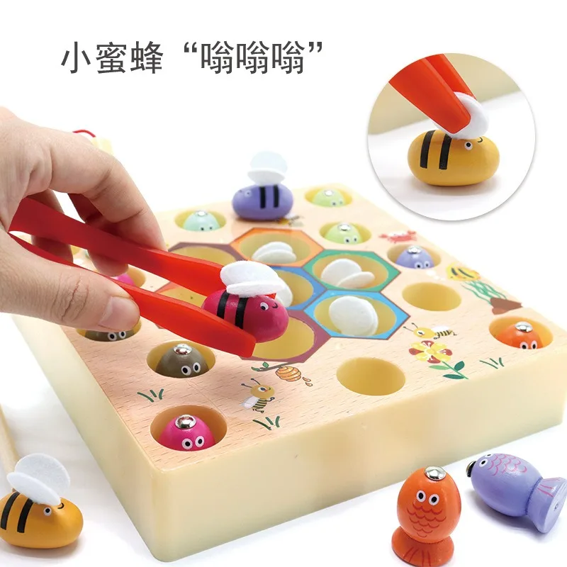 Wooden toy magnetic fishing puzzle board building block children's toy fishing rod toys kindergarten parent-child fun game