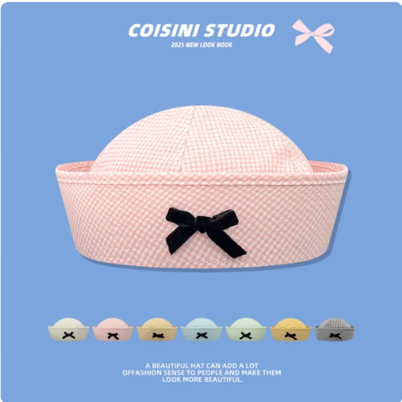 Korean Version Cute Sweet Bow Plaid Sailor Hat Spring and Summer Flipped Brim Versatile JK Dome Beret Cap for Women's