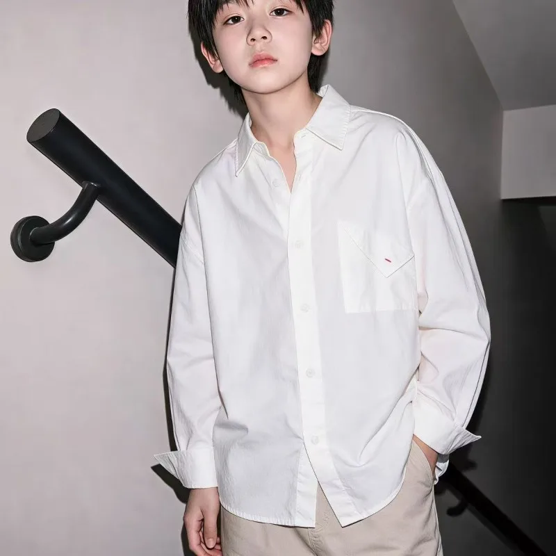 Boys and Girls Light Luxury Minimalist Solid Color Casual Shirt 2026 Autumn New Children's White Inner Top