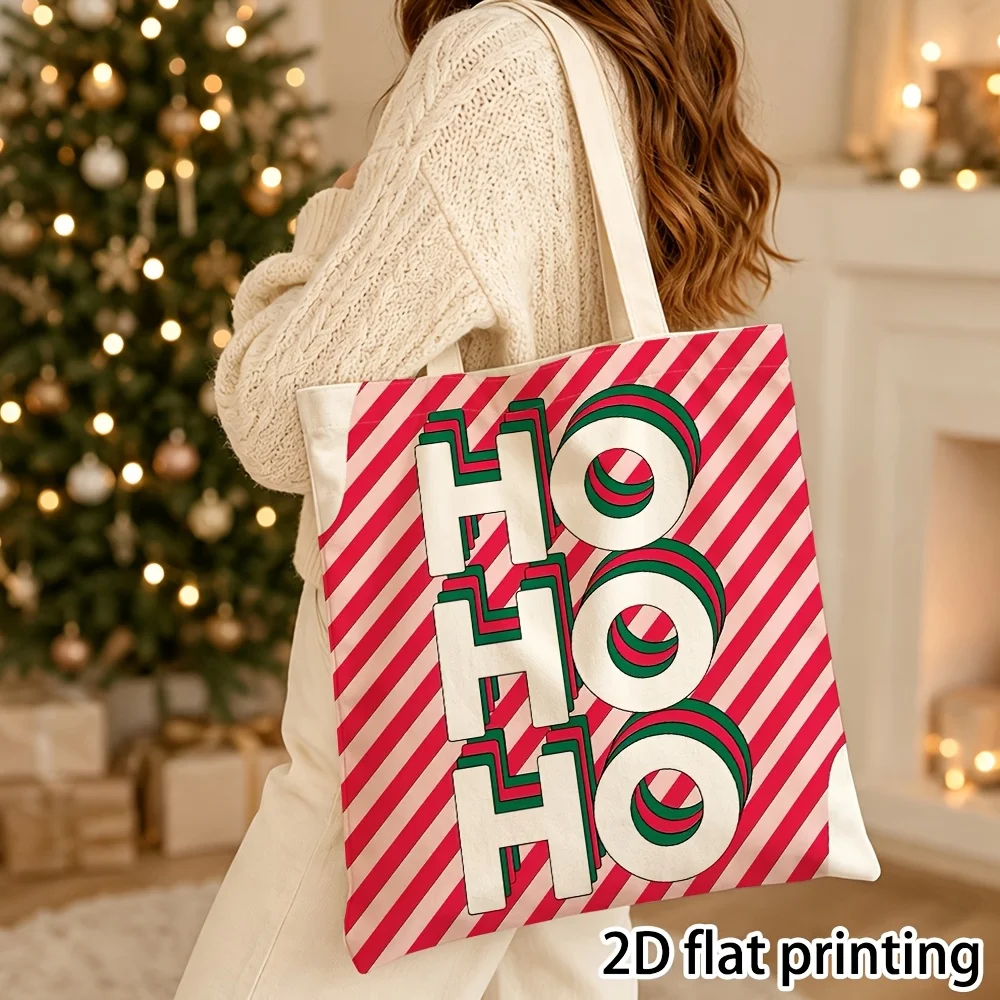 Ho Ho Ho Canvas Tote Bag Red White Candy Stripe Retro Letter Print Reusable Shopping Handbag Holiday Gift for Christmas