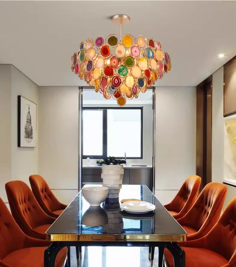 

Postmodern Style Iron Agate Colorful LED E14 Suspension Chandelier Luminaire for Dining Room Living Room and Home Interior Light