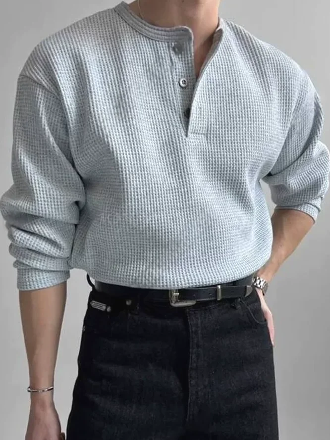 American Style Waffle Texture Men's Casual Workwear Long Sleeve  Shirt Half Buttoned Collar Trendy Loose Fit Youth Popular