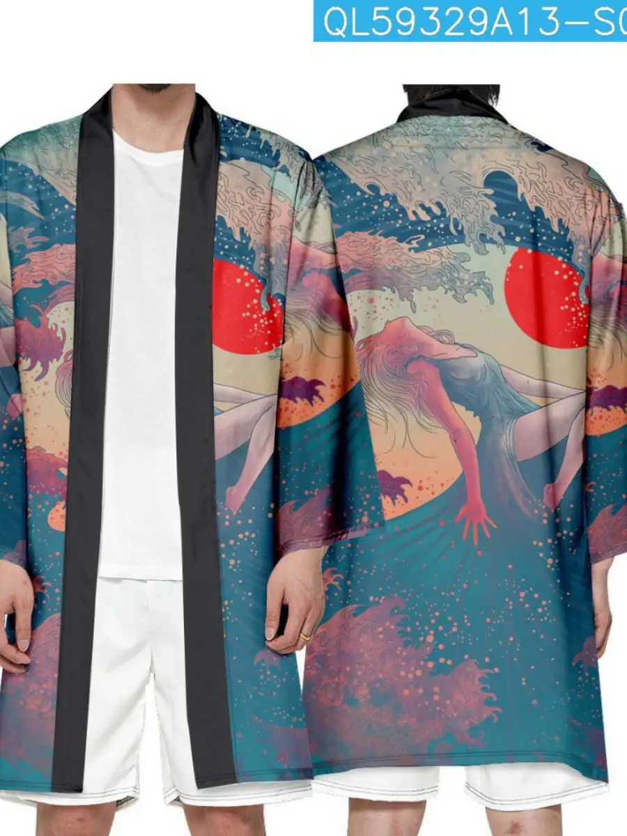 

Новый национальный костюм Слей Танг, японский кардиган-кимоно средней длины, с перьями, с цифровой печатью, прямая поставка