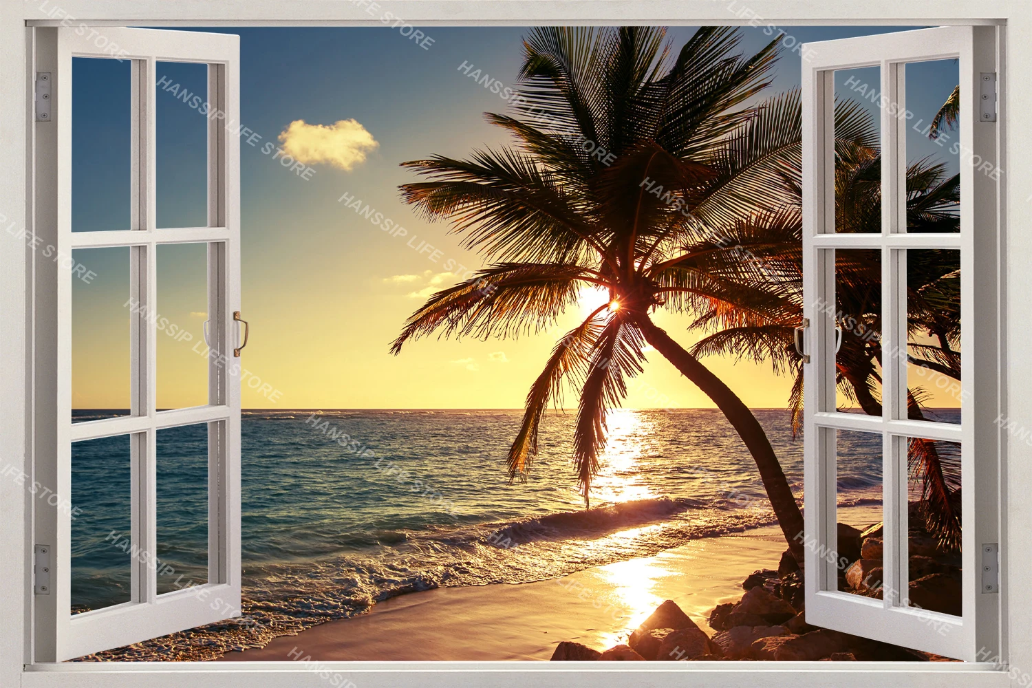 Blue Healing Sea View Window Seascape Wall Sticker Peel and Stick Home Decorative Coconut Tree Beach House Children Wall Decal