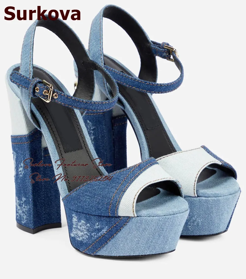 Surkova Blue Denim Color Patchwork Chunky Heel Sandals Women Platform Open Toe Jeans Dress Shoes Buckle Strap Party Block Heels