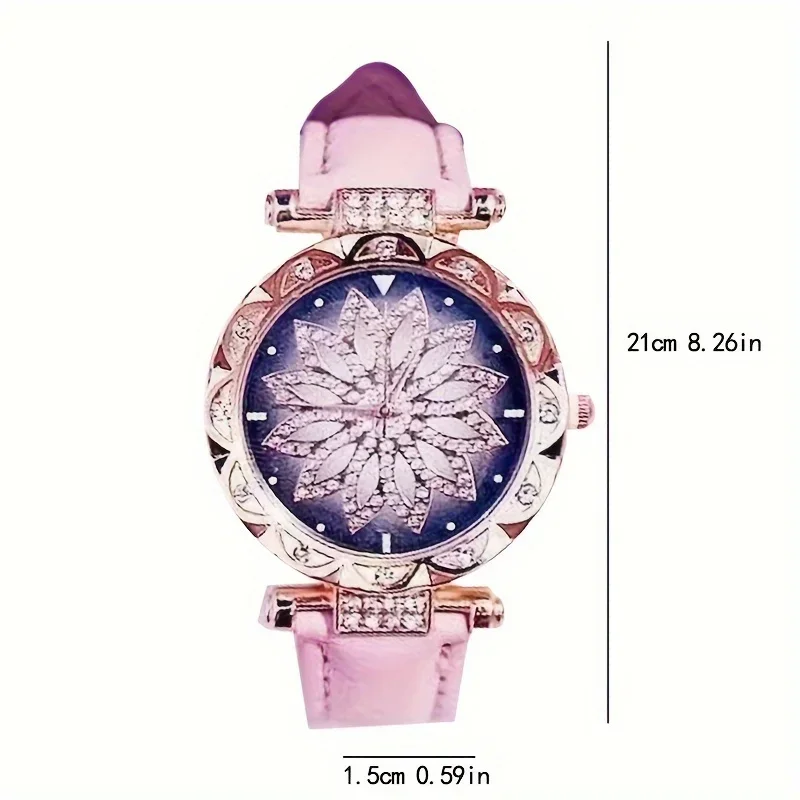 Цветочные модные кварцевые часы, роскошные аналоговые наручные часы из искусственной кожи со стразами и браслет из 1 шт., подарок для женщин и девочек