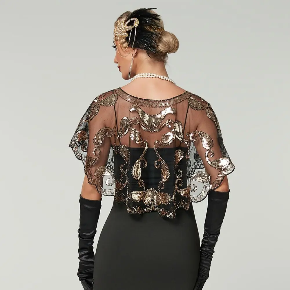 Mantel Ponco Payet Retro Gaya Vintage Blingbling Payet Berhias Manik-Manik Cape Pendek Bordir Tema 1920-an Payet Rumbai Selendang