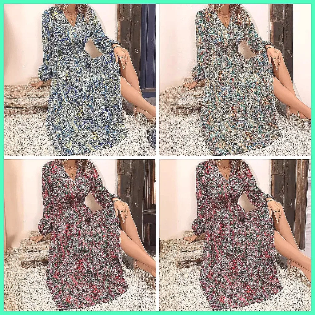 

Women's V-Neck Printed Dress, Slim High-Waist Long Sleeve Dress for Autumn Winter Commute