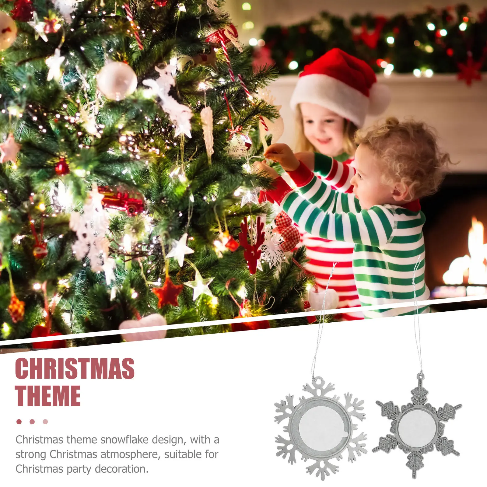 

2Pcs Snowflake Pendant Metal Christmas Decor Zinc Alloy DIY Photo Frame Pendant Xmas Necklace for Kids Family Gift Idea