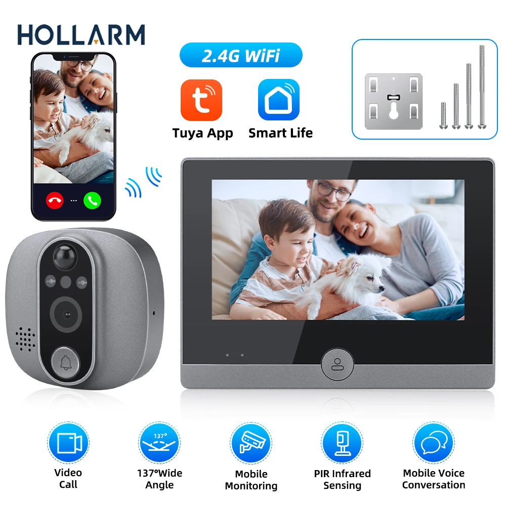 Hollarm 4.3 Inch LCD Video Doorbell Tuya Smart Door Bell Night Vision Video Intercom 137° Wide Angle Door Peephole Camera