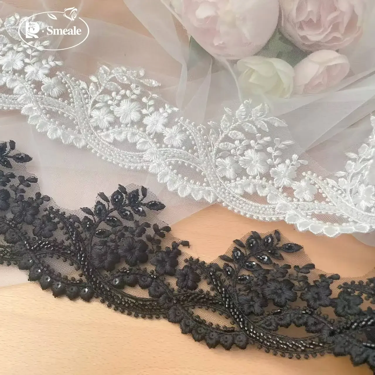 Finiture in pizzo con perline di alta qualità per tubazioni sul bordo del velo da sposa, accessori fai da te, abbigliamento fatto a mano, accessori in bianco nero e latte