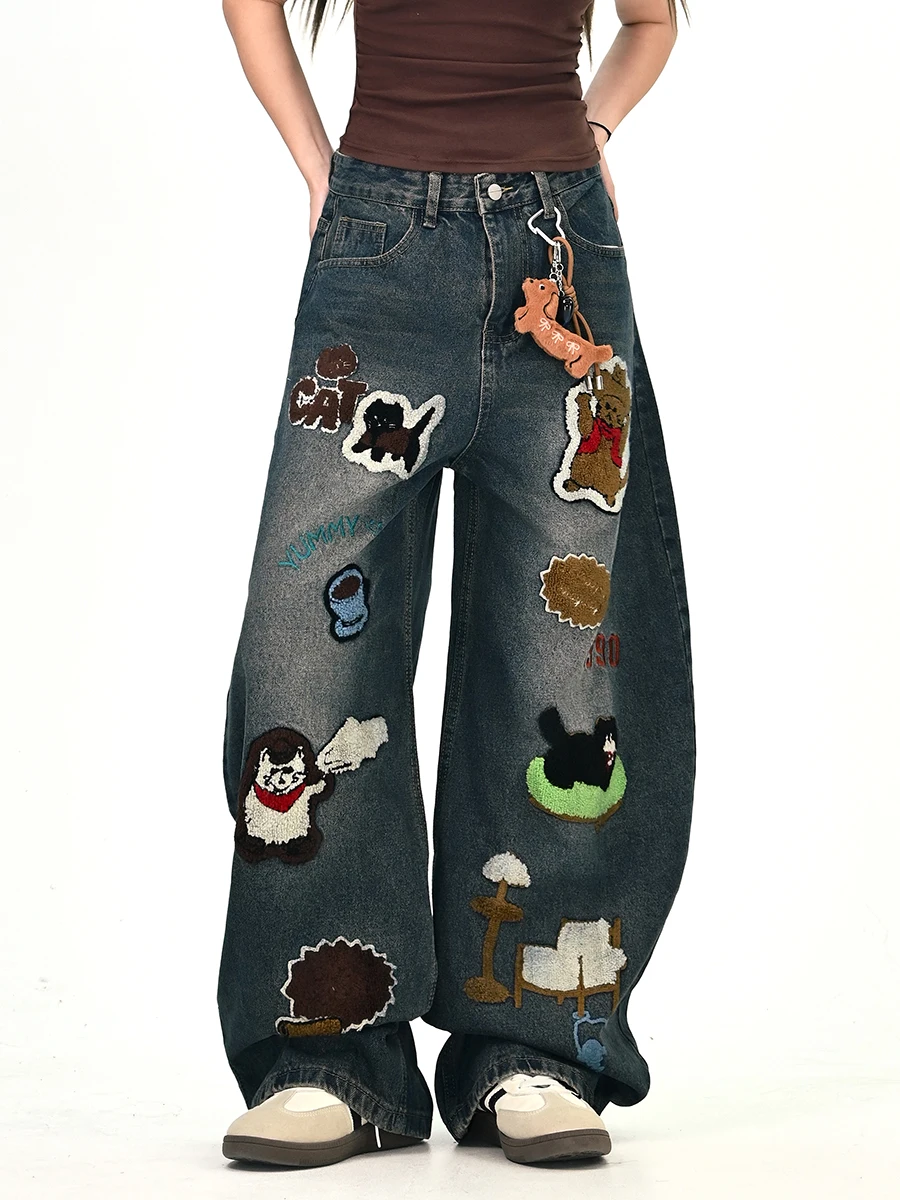 

Cartoon Embroidered Towel Loose Wide Leg Jeans Women's Faion Lazy Sle Korean Streetwear Autumn New Arrival