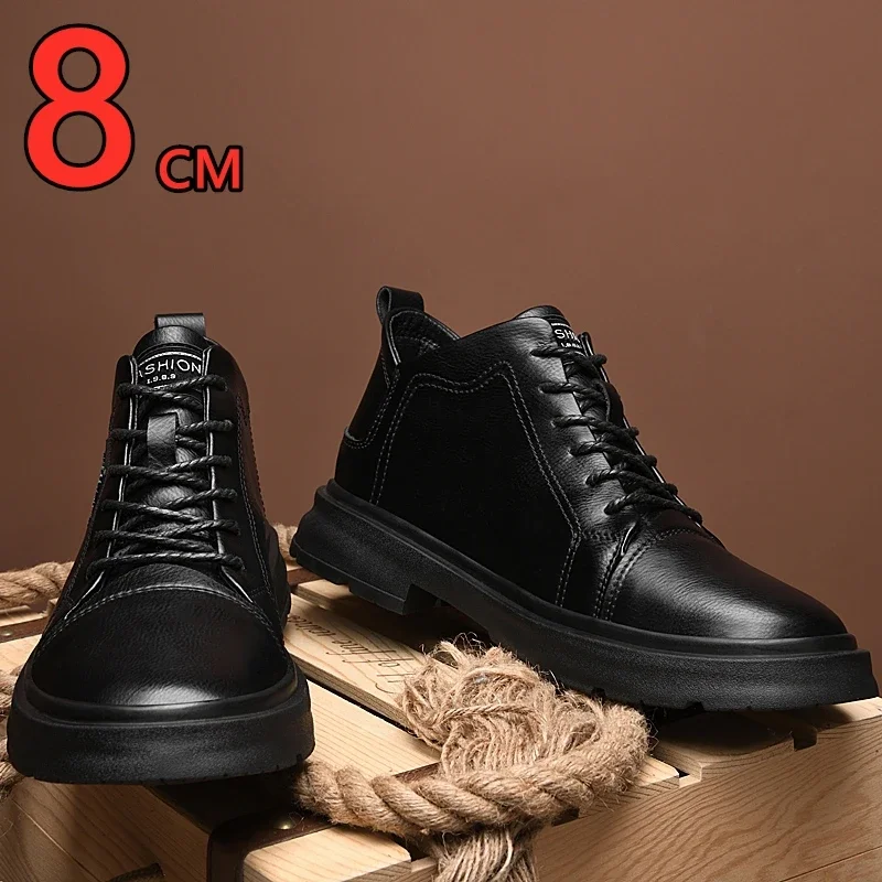 Men Genuine Leather Heightening Shoes Comfort Lace Up Casual Elevator Shoes Commerce Breathable Height Increase Insole 8CM Sport