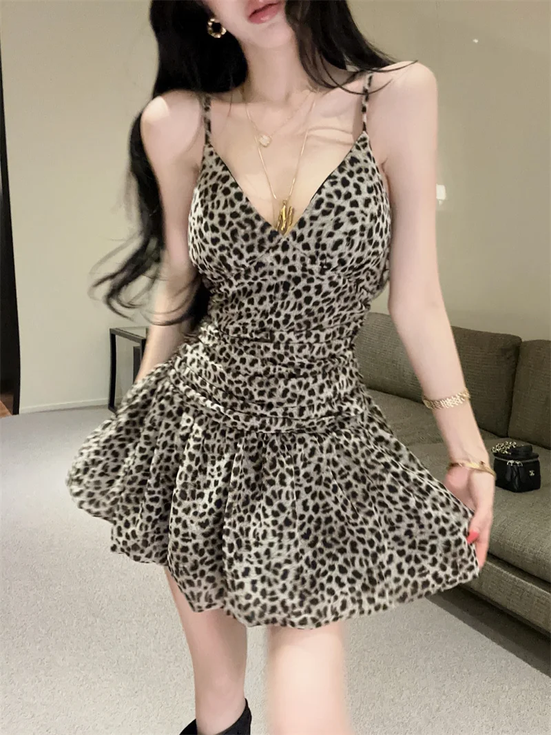 

Korean Style Sexy Backless Strap Dress Women's Slimming A-Line Skirt Wild Style Summer Casual V-Neck Leopard Print Dress