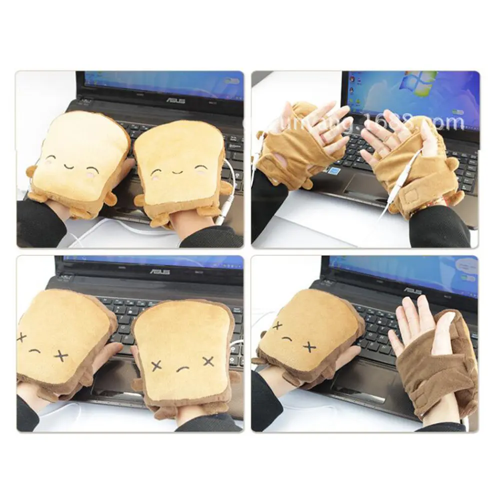 1Pair USB Heat Generating Bread Inspired Warm Gloves Semi Wearable Fingerless Winter Electric Heating Gloves for Office School