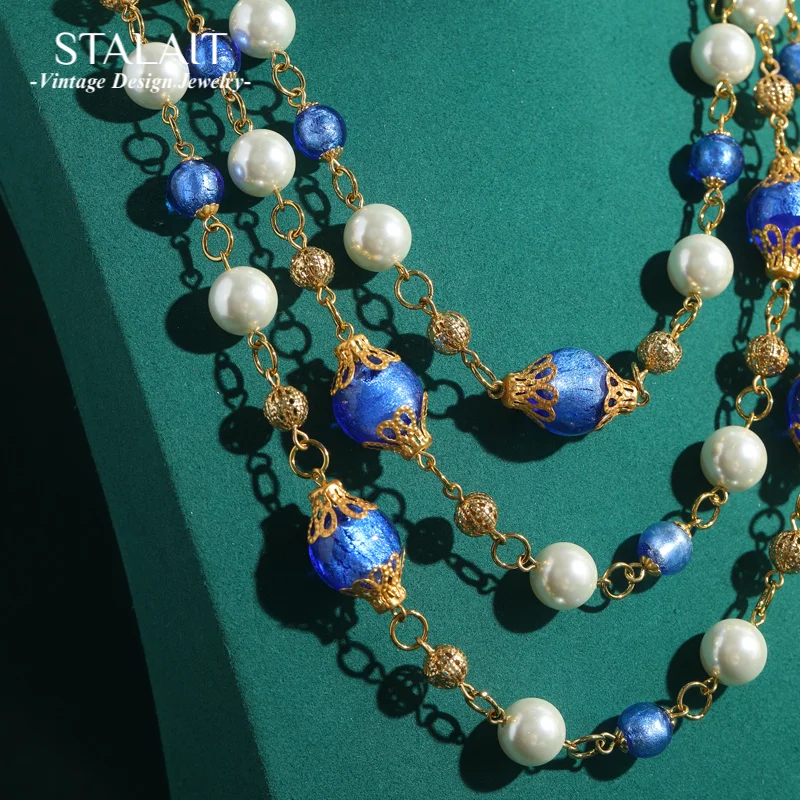 

Vintage Baroque Style Long Layered Pearl Necklace Blue Glass Gold Color Chain For Women Luxury Accessories Antique Anniversary