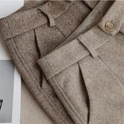 Autumn/Winter Thick Woolen Harem Pants for Women with Herringbone Pattern Loose and Casual Straight Leg Trousers for Office Lady