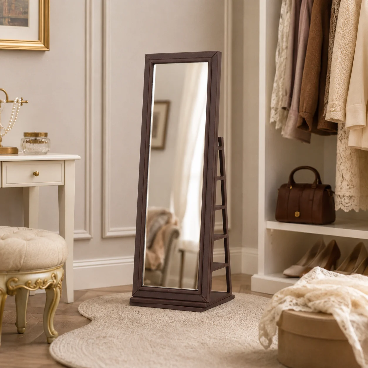 Dollhouse Furniture 1:12 Scale Miniature Full-Length Mirror, with Trapezoidal Shelf and Display/Storage Function, 360-Degree Rotating Base, Modern Style Mini Mirror Furniture Suitable for Dollhouse Bedroom Decoration, Room Scene Setup, Collectible Ornaments, and Miniature Home Furnishings. Available in Two Colors, Suitable for Dollhouse Enthusiasts and Miniature Model Collectors.