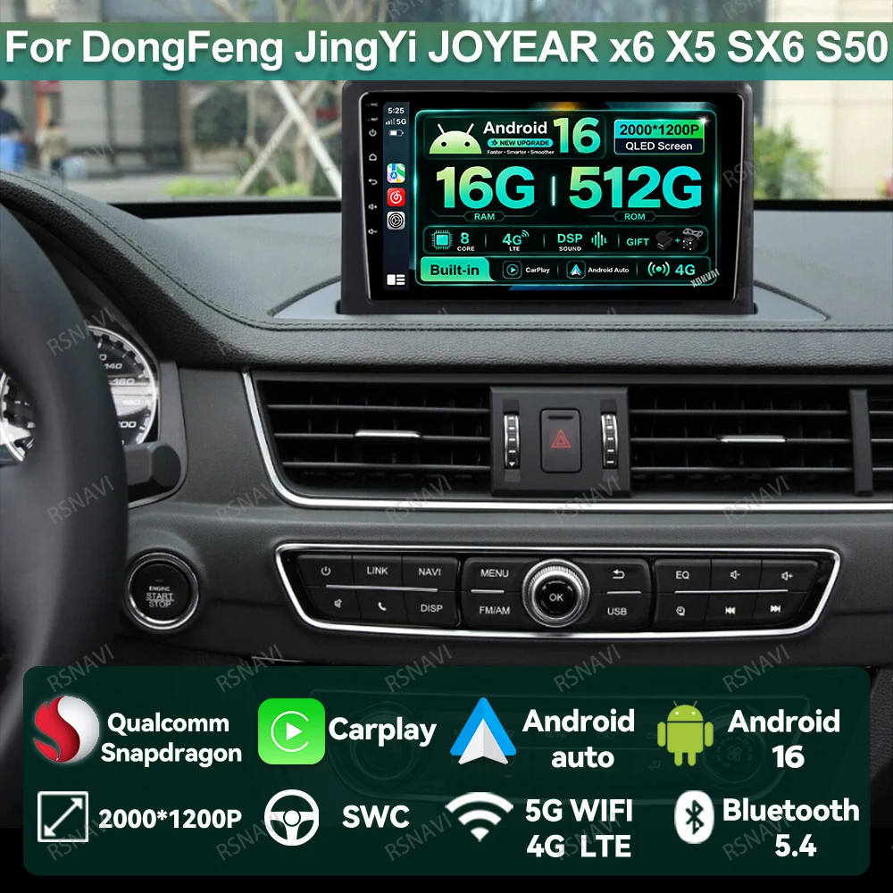 Android 16 Car Radio For DongFeng JingYi JOYEAR X6 X5 SX6 S50 S50EV T5 T5L AI Voice Navigation 9/10 Inch QLED DSP NO 2DIN 4G LTE