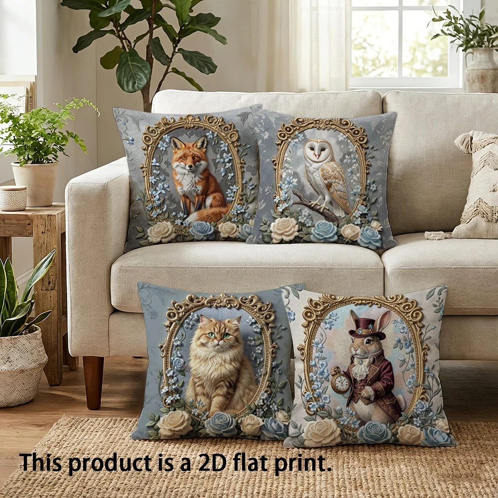 1pc Vintage Victorian Animal Square Throw Pillow Covers Cat Rabbit Fox Owl Floral Decorative Pillowcases for Home Sofa Bedroom
