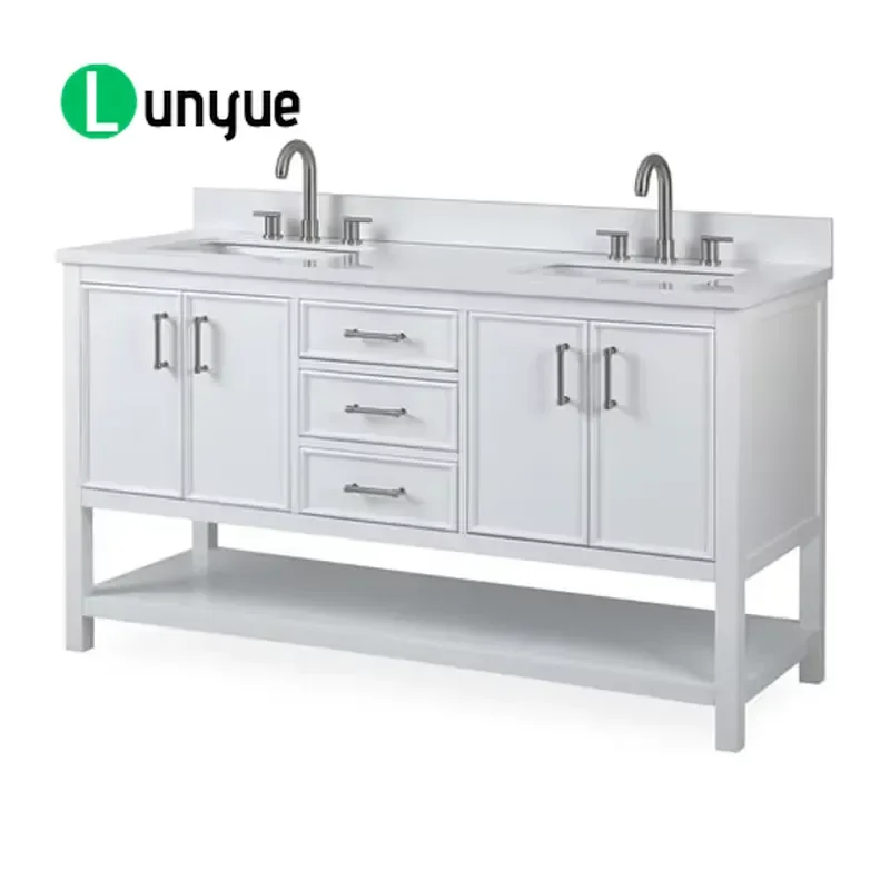Modern 60 Inch White Double Sink Bathroom Vanity Cabinet Wood Engineering Grade Countertop Durable Luxury Stand Up Basin