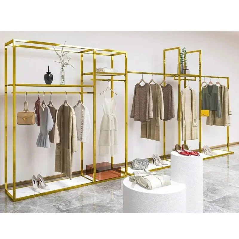 Custom. stainless steel clothing shop garment display stand clothing shelf shiny clothes rack for retail store CLO