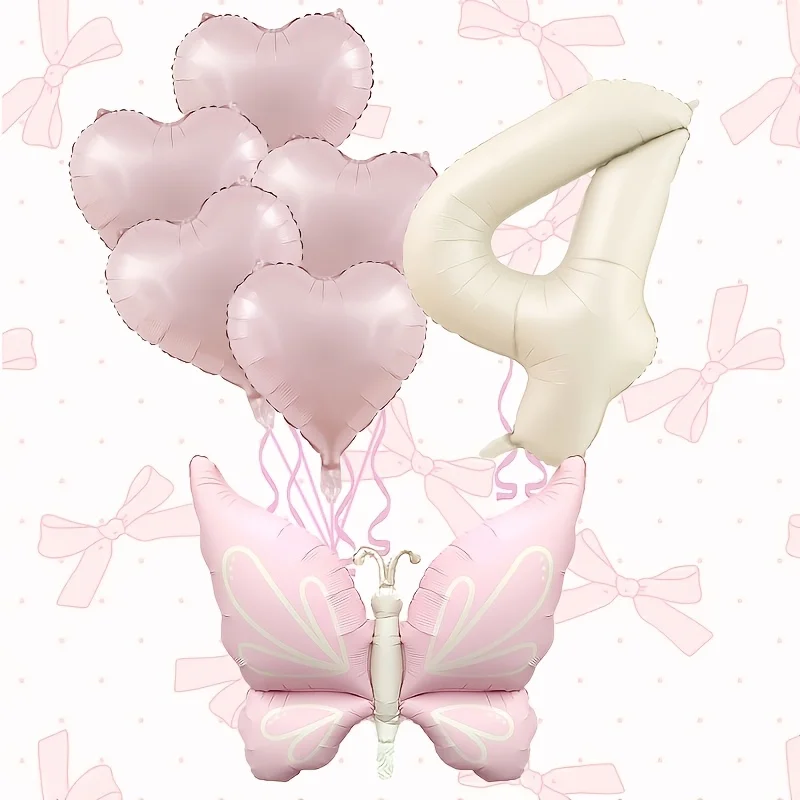 1Set Matte Pink Butterfly Pink Heart Shaped Balloon 32inch Cream Number Foil Balloons for Birthday Party Anniversary Decoration
