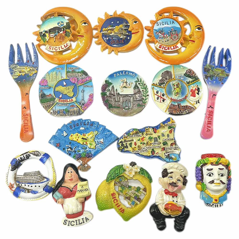 Italy 3D Sun Face & Fork Fridge Magnet Set, Resin Mediterranean Souvenir, Gift & Collectible