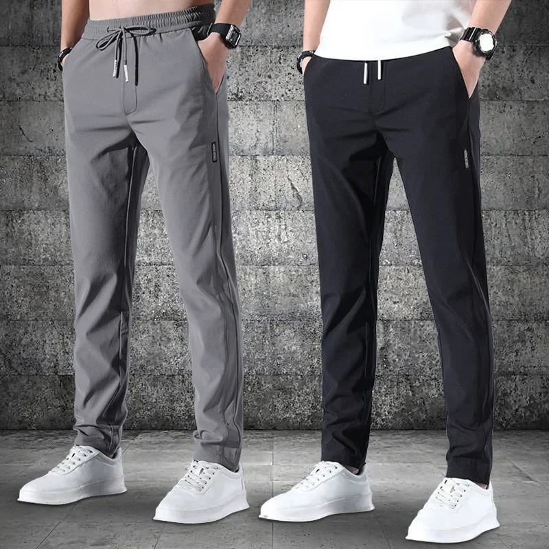 Ice Silk Men's Pants 2024 Summer New Black Gray Thin Business Casual Pants Outdoor Elastic Breathable Straight Leg Sweatpants