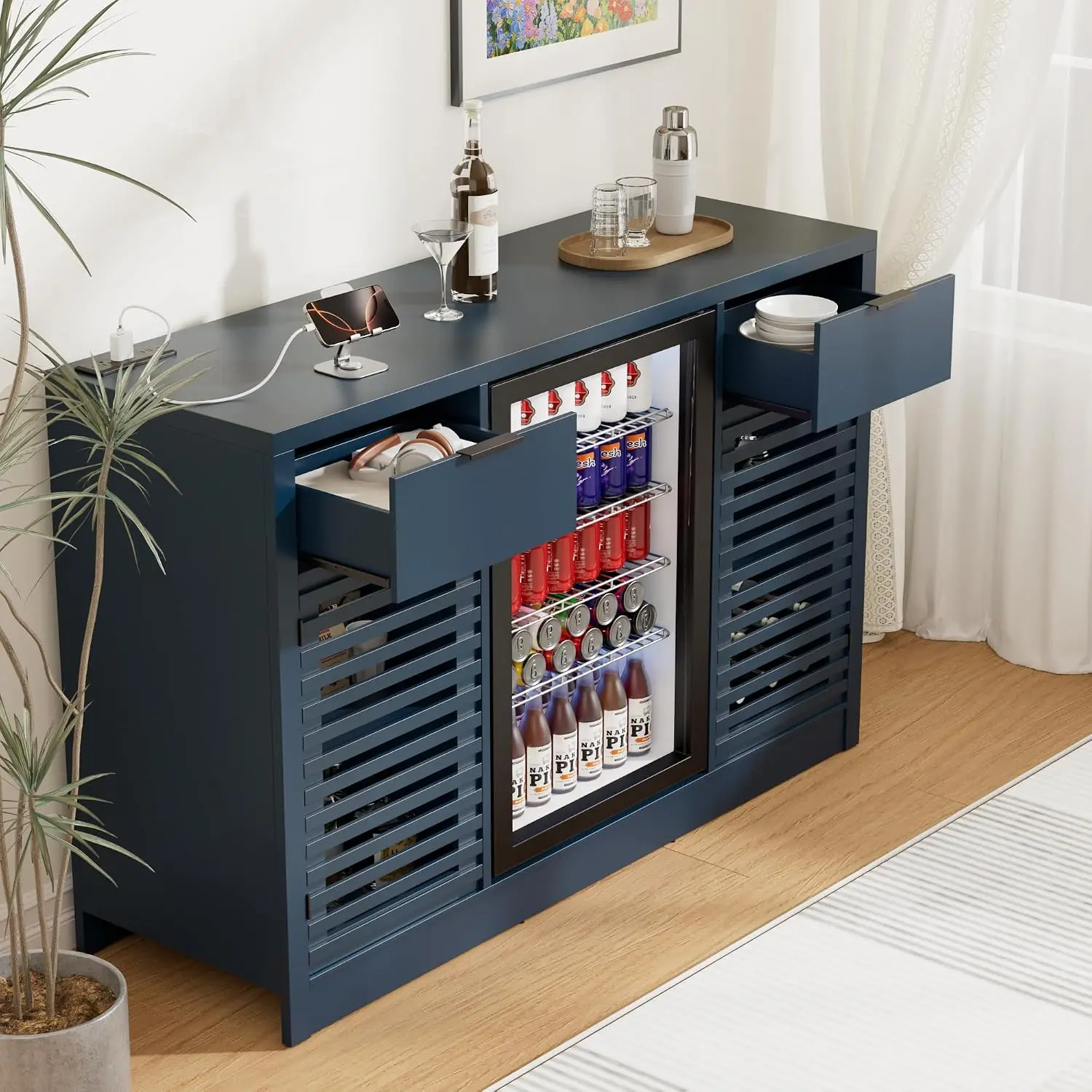 Coffee Bar Cabinet with Fridge Space, Power Outlet, Stemware & Wine Rack, Customized