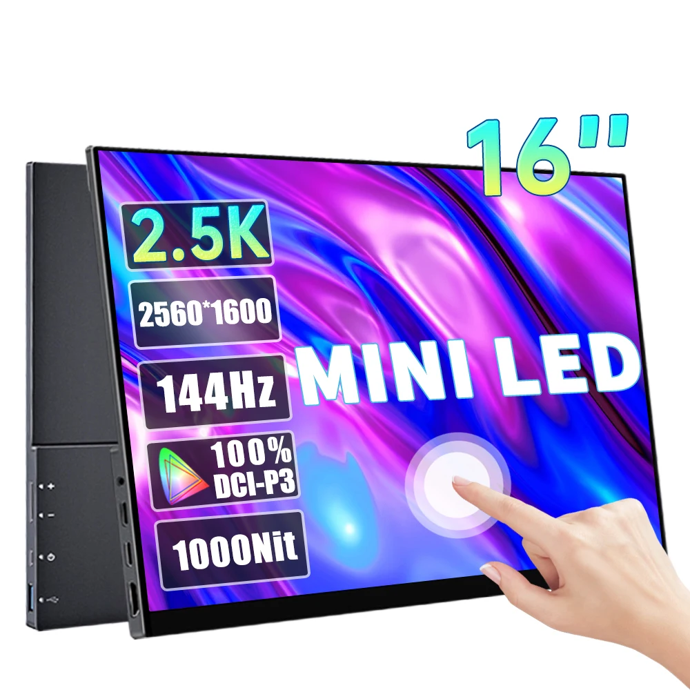 16 Inch 2.5K 144hz Mini Led Portable Monitor Touchscreen 1000nit 16:10 100%sRGB Gaming Display for PC Switch PS4/5 Xbox Phone