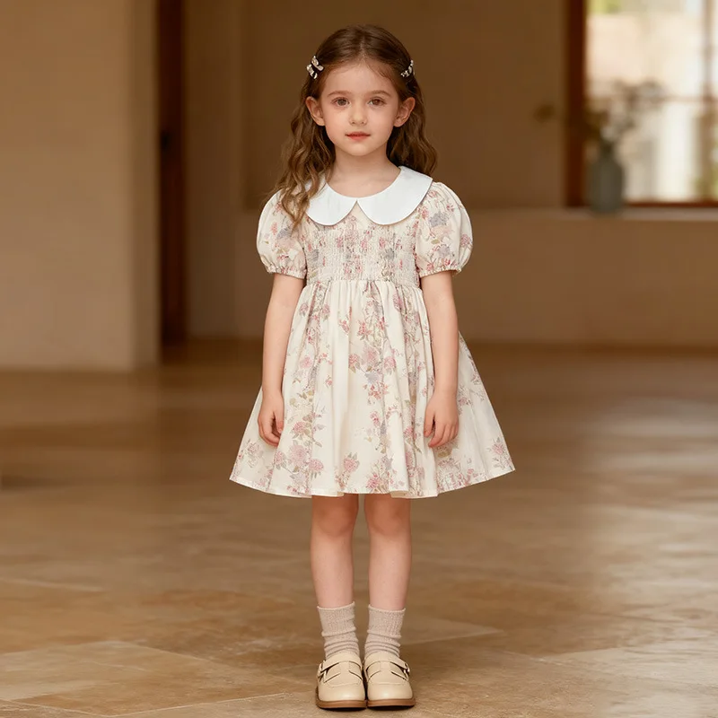 Girls Short Sleeve Dress 2026 Summer New Girls Lapel Sleeveless Floral Dress Girls Drawstring Heavy Industry Retro Dress