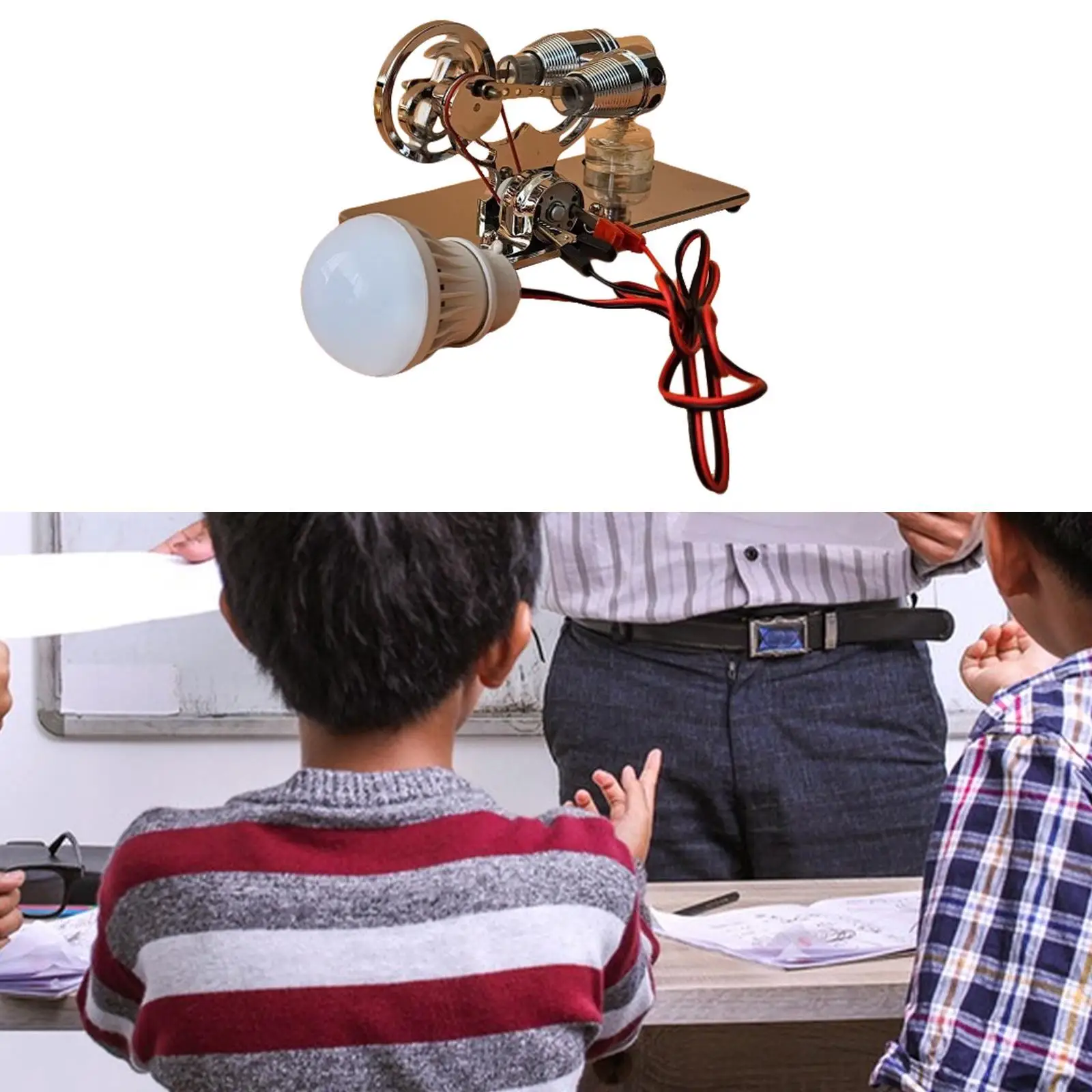 Sterling Engine Model Physics Experiment Equipment Electricity Power Generator with LED Bulb for School Classroom Home Adults