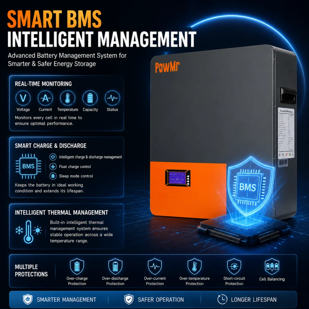 PowMr 5KWH LiFePo4 Battery 48V 100AH Max 100A Charging Current 6000 Cycles Energy Storage Battery Built in BMSSupport CAN RS485 for Solar Home Storage Power USA