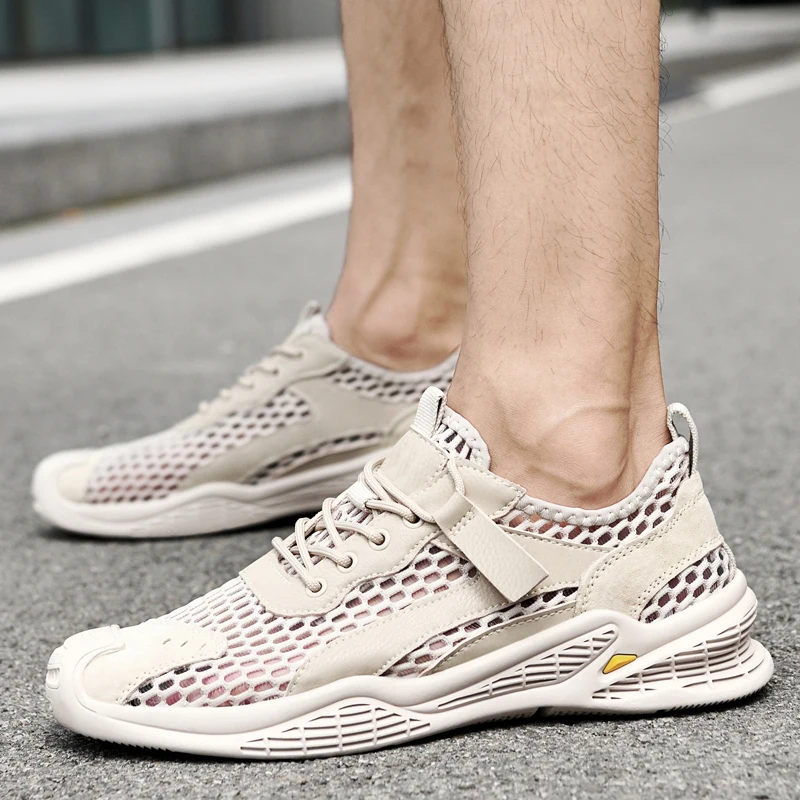 

Men Breathable Mesh Top Layer Pigskin Casual Shoes Fashion Patchwork Men Sneakers Summer Man Comfortable and Soft Walking Shoes