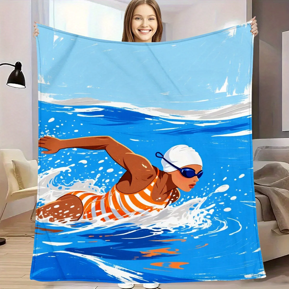 

1 шт., фланелевое одеяло с 2D-рисунком «Иллюстрированный пловец», мягкое и удобное, идеальный подарок на дни рождения, юбилеи, для домашнего декора