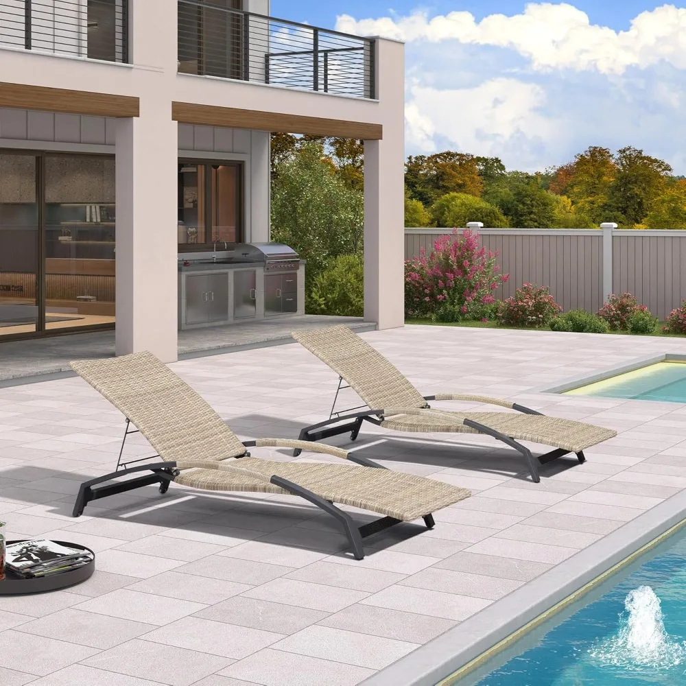 

Patio Chaise Lounge Chair Set of 2 Wicker Tanning Outdoor Pool Adjustable Recliner Chair for Outside Beach Poolside Sunbathing