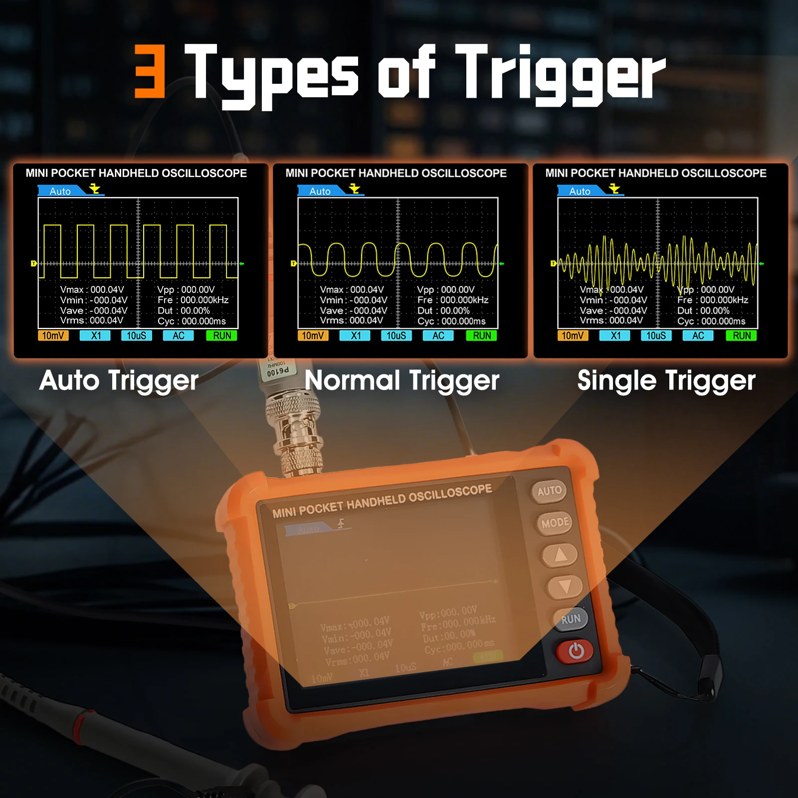 Handheld Oscilloscope, 2.5MS/s Real Time Sampling Rate & 500kHz Bandwidth, 2.8-inch Display, Compact Electronic Oscilloscope